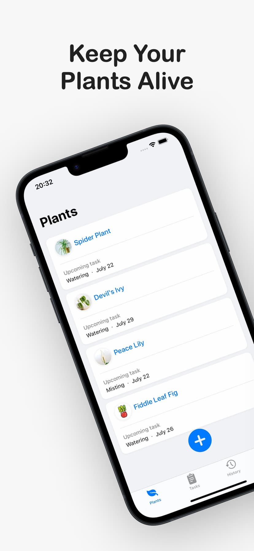 Plantaid app main interface showing plant list with care tasks