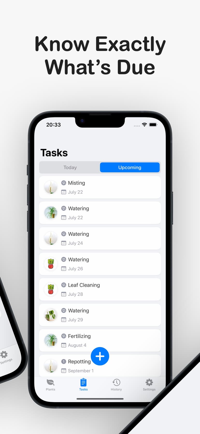 Plantaid app task manager showing upcoming care reminders
