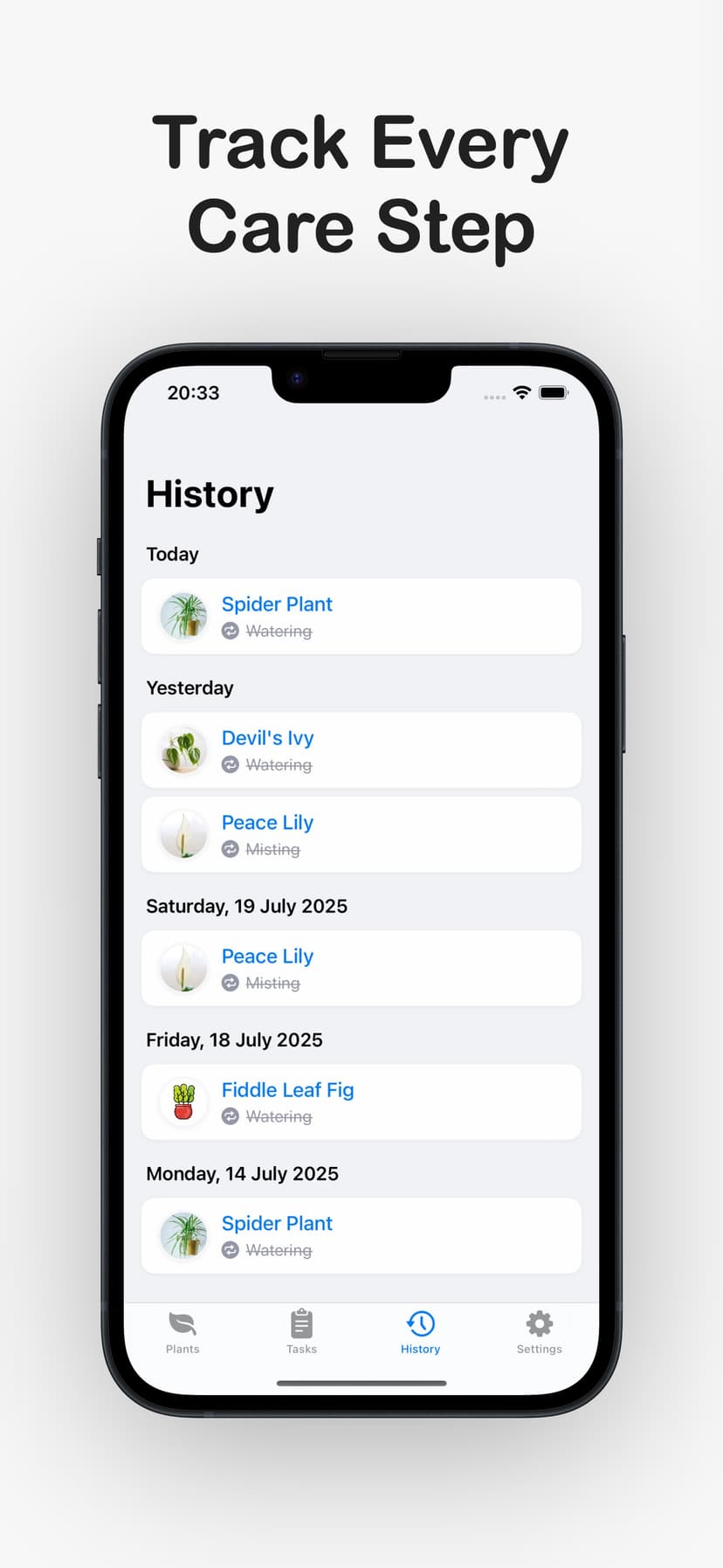 Plantaid app history tracking all completed plant care tasks