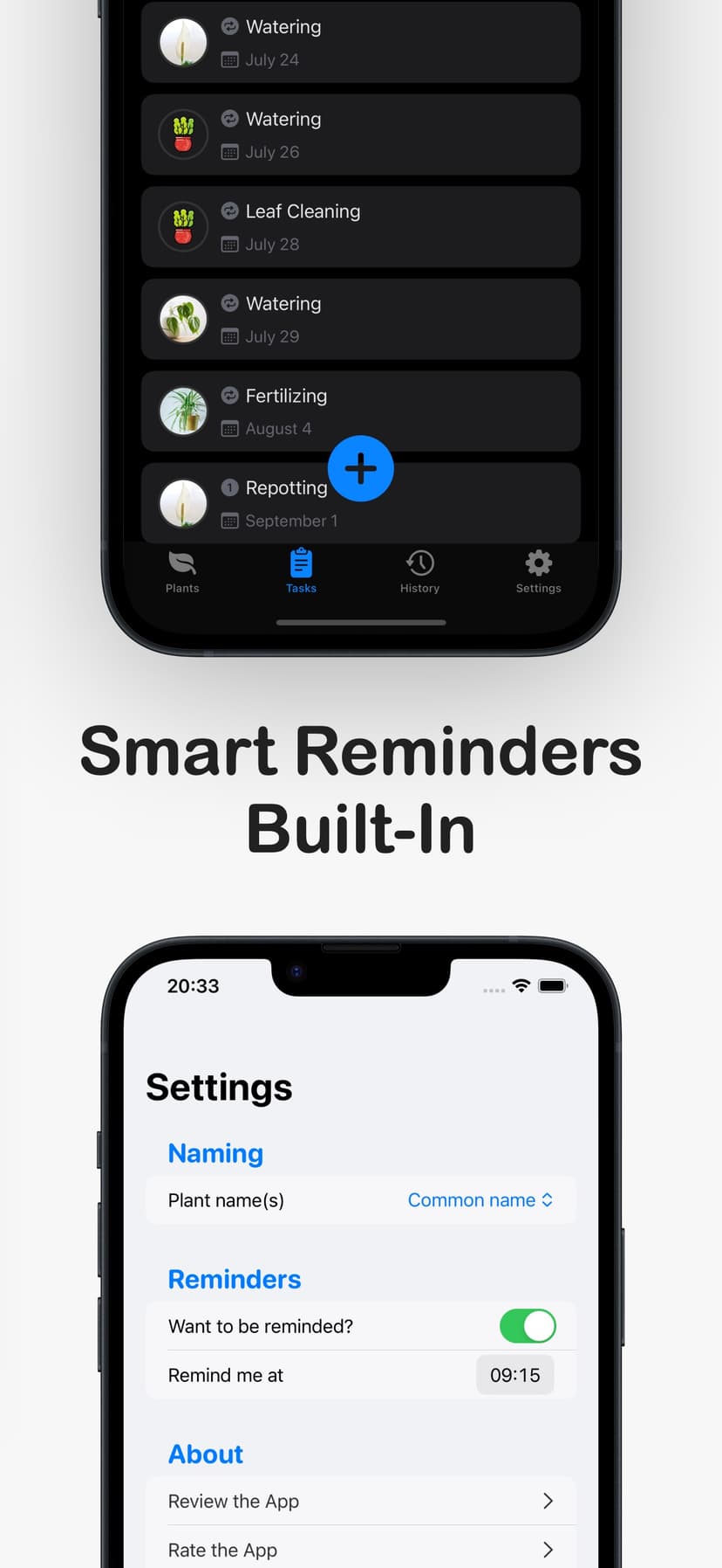 Plantaid app settings with smart reminder configuration